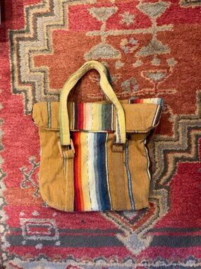 70s handwoven sarape handbag, exc. condition, tan, multicolored